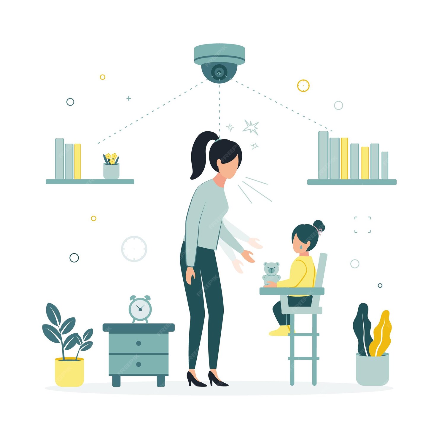 cctv vector illustration video camera filming nanny with child who offends girl video is being recorded monitor from security camera that removes nanny offending child_869492 289